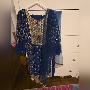 Blue and Gold Embroidered Indian Dress
